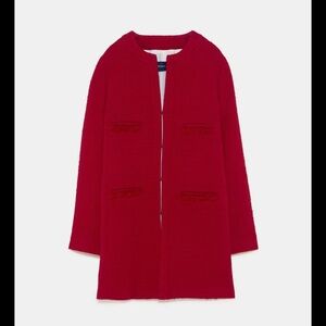 Zara RED TWEED BOUCLE COAT L bloggers fav fall holiday winter classic nwot $120